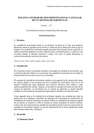 Ensayo Cantidad De Movimiento Lineal Y Angular De Un Sistema De Partículas