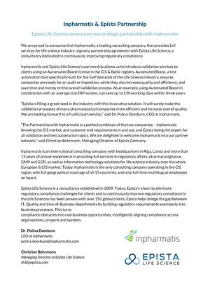 Inpharmatis & Epista Partnership Press Release