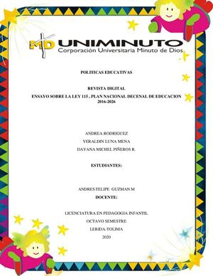 Ensayo sobre Ley 115 Y El Plan Nacional Decenal De Educacion 2016 2026