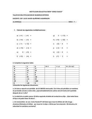 Taller De Multiplicacion De Numeros Enteros