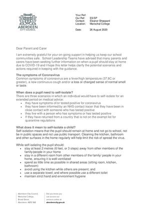 Letter To Parents On Self Isolation Agreed With Public Health