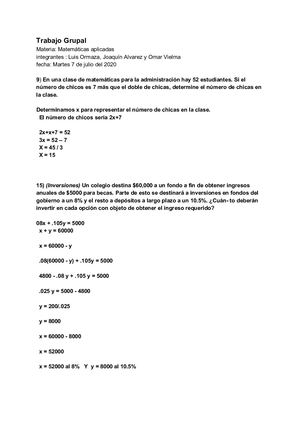 Trabajo Grupal Matemáticas Problemas De Igualdades
