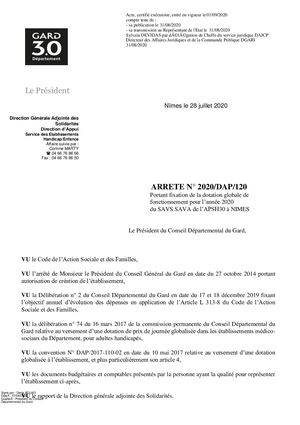 Arrêté dotation globale de fonctionnement SAVS SAVA de l'APSH30 à NIMES - 2020-DAP-120
