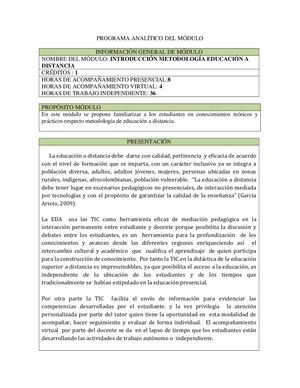 Contenido Programático Intrduccion Metodologia De Educacion A Distancia