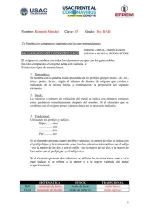 Hoja De Trabajo De Quimica