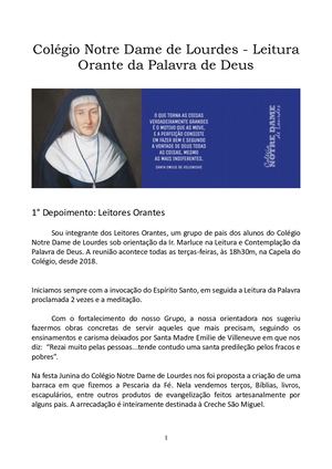 Leitura Orante! Colégio Notre Dame de Lourdes Cuiabá