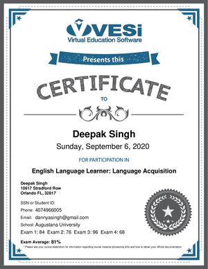 English Language Learner Language Acquisition Certificate of Deepak (Danny) Singh - Augustana University