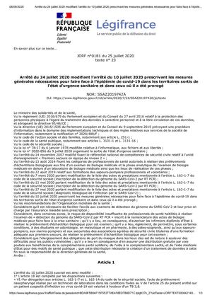Arrêté Du 24 Juillet 2020 Mesure Test Coronavirus
