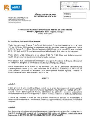 Arrêté enquête publique périmètre d'un aménagement foncier sur les communes de Bouriège, Bourigeole, Feste-et-Saint-André.