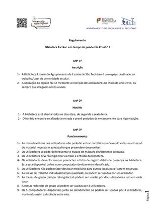 Regulamento Da Biblioteca Escolar (Pandemia)