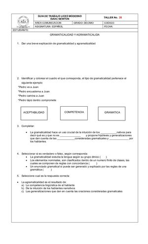 TALLER GRAMATICALIDAD Y AGRAMATICALIDAD FRANCY BUITRAGO DECIMO