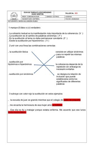 Taller La Cohesion Textual La Sustitucion