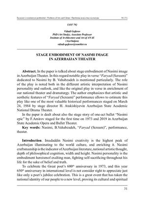 Stage embodiment of Nasimi image in Azerbaijan theater