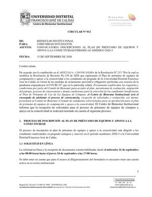 Circular 012 Préstamo De Equipos Universidad Distrital