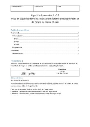 Devoir Théorème Angle Inscrit Et Angle Au Centre