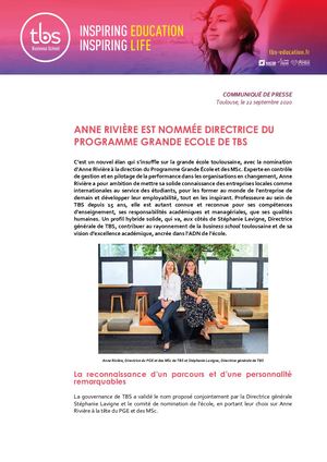 Anne Rivière est nommée Directrice du Programme Grande Ecole de TBS