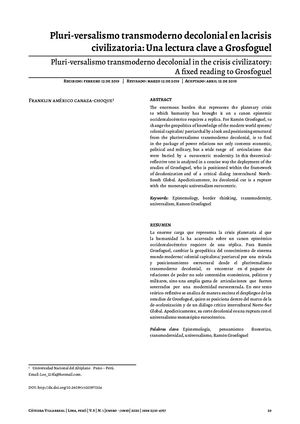 Pluri-versalismo transmoderno decolonial en la crisis civilizatoria: una lectura clave a Grosfoguel