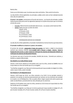 Información Horarios Y Servicio De Comedor