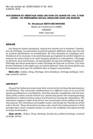Succession Et Héritage Chez Les Fang Du Gabon De 1841 A Nos Jours Par D. Meyo Me Nkoghe 2010