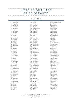 Liste De Qualités Et De Défauts