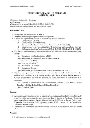 Ordre Du Jour 1er Octobre 2020 Conseil Municipal