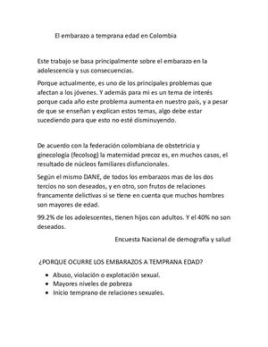 El Embarazo A Temprana Edad En Colombia