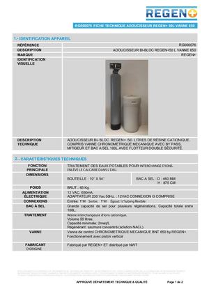ADOUCISSSEUR BI BLOC 50L VANNE 650 MARQUE REGEN+.