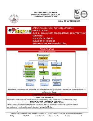 Grado 8, Guia 4, 2020 JUEGOS PRE DEPORTIVOS EN DEPORTES DE CONJUNTO