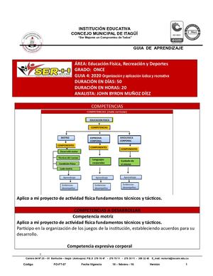 Grado 11, 2020 Guia 4  11° Organización Y Aplicación Lúdica Y Recreativa