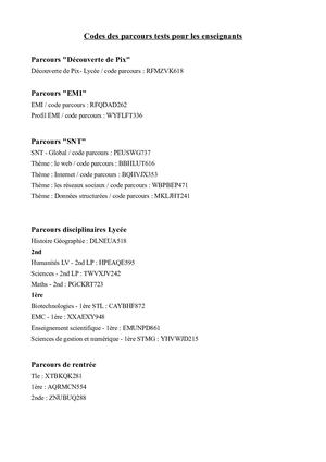 Codes Parcours Tests Enseignants