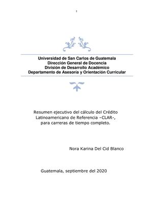 Resumen Ejecutivo Del Cálculo Del Crédito Latinoamericano De Referencia –Clar , En Entornos Virtuales Para Carreras De Tiempo Completo