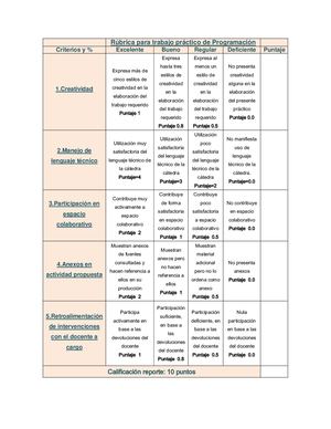 Rúbrica Para Trabajo Práctico De Programación