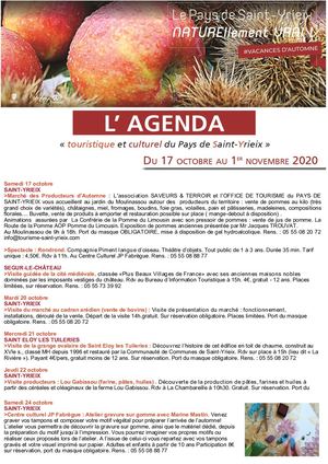Newsletter  calendrier des activités du Pays de Saint-Yrieix : Du 17 oct au 1er nov 2020, vacances de Toussaint