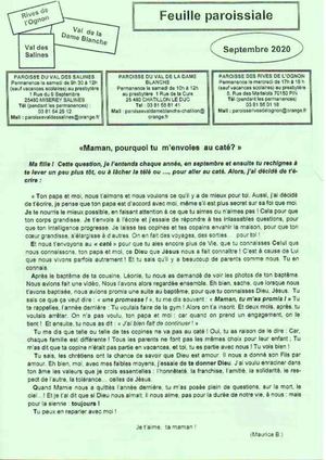Feuille Paroissiale Septembre 2020
