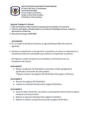 Hoja De Actividades Lengua Y Literatura 2