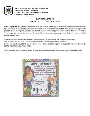 Guía Agosto, Lengua Y Literatura Cuarto Chef