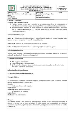 Guía 6° La Oración Y Sus Partes