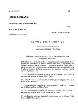 Cour de cassation 21/10/2020 Decision N 1155 Rejet