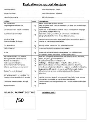Grille Evaluation Du Rapport De Stage De 3ème