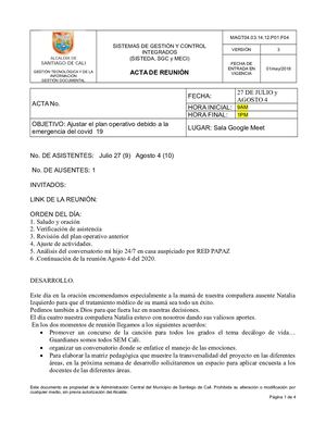 Formato Acta De Reunión Julio 27