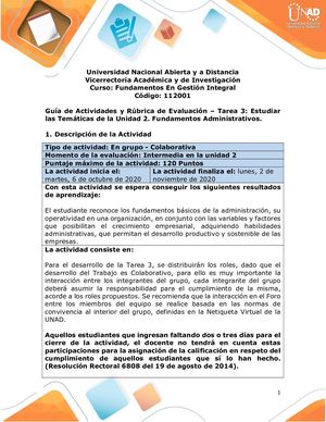 Guía Actividades Y Rúbrica Evaluación Tarea 3 Estudiar Temáticas Unidad N 2 Fund Admon