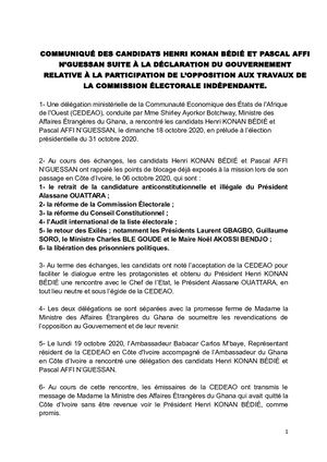 Communiqué Des Candidats Henri Konan Bédié Et Pascal Affi Nguessan Suite À La Déclaration Du Gouvernement Relative À La