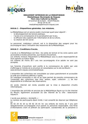 Règlement Intérieur Médiathèque Moulin Roques 2020