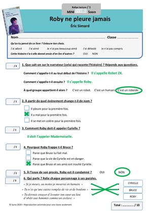 Fiches Rallye Lecture Corrigées Roby Ne Pleure Jamais Niveaux 1 & 2