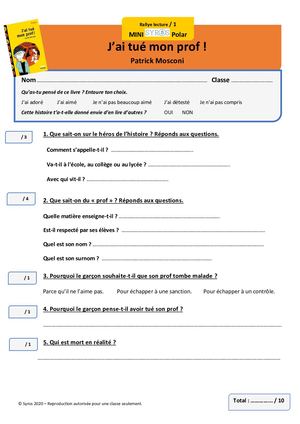 Fiches Rallye Lecture J'ai Tué Mon Prof ! Niveaux 1 & 2