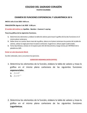 Examen De Función Exponencial Logaritmica 50%