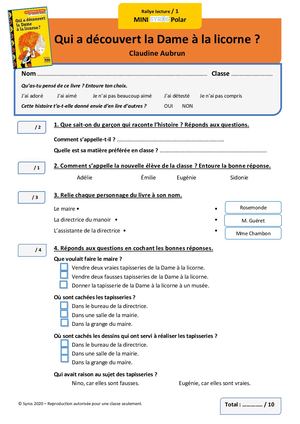 Fiches Rallye Lecture Qui A Découvert La Dame à La Licorne Niveaux 1 & 2