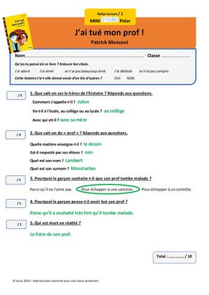 Fiches Rallye Lecture Corrigées J'ai Tué Mon Prof ! Niveaux 1 & 2
