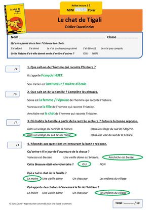 Fiches Rallye Lecture Corrigées Le Chat De Tigali Niveaux 1 & 2
