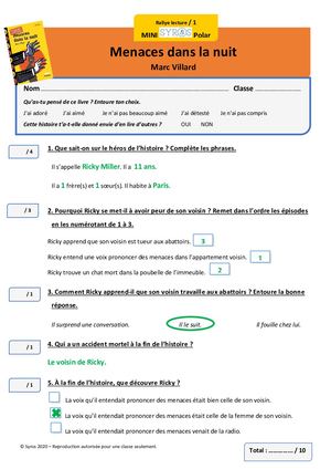 Fiches Rallye Lecture Corrigées Menaces Dans La Nuit Niveaux 1 & 2